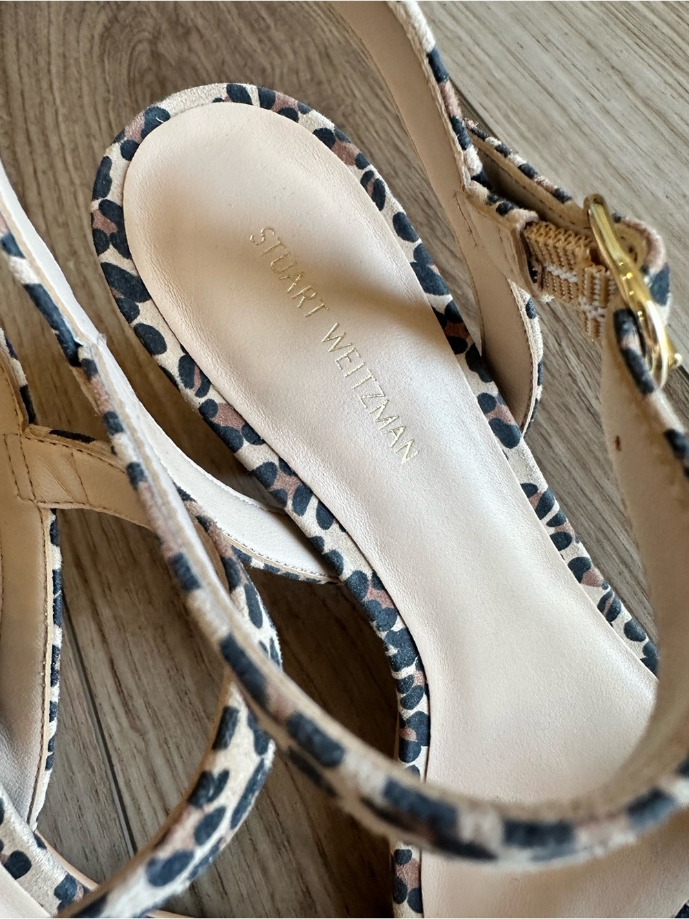 Stuart Weitzman Leopard Print Block Heel Sandals in Tan and Black - Picture 6 of 11